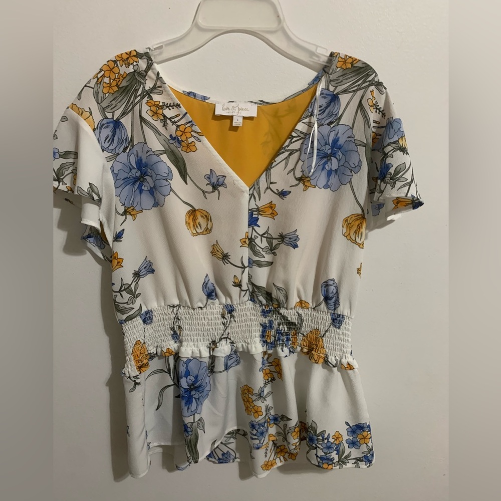 Blue and Yellow Floral Blouse- Love and Peace- Size L